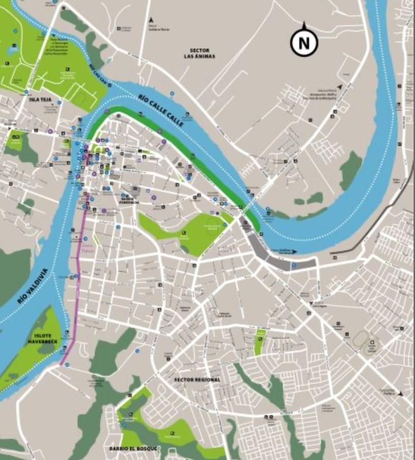 Mapa de Valdivia con la ubicación del Castillo Lynch al oriente del río Calle Calle